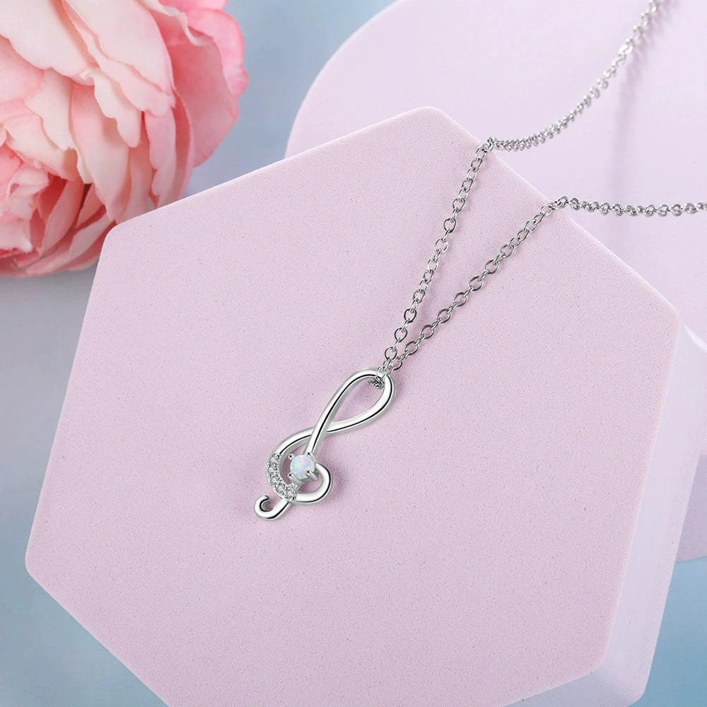 Planderful Jewelry Opal Necklace Sterling Silver Music Symbol Pendant With Zircon