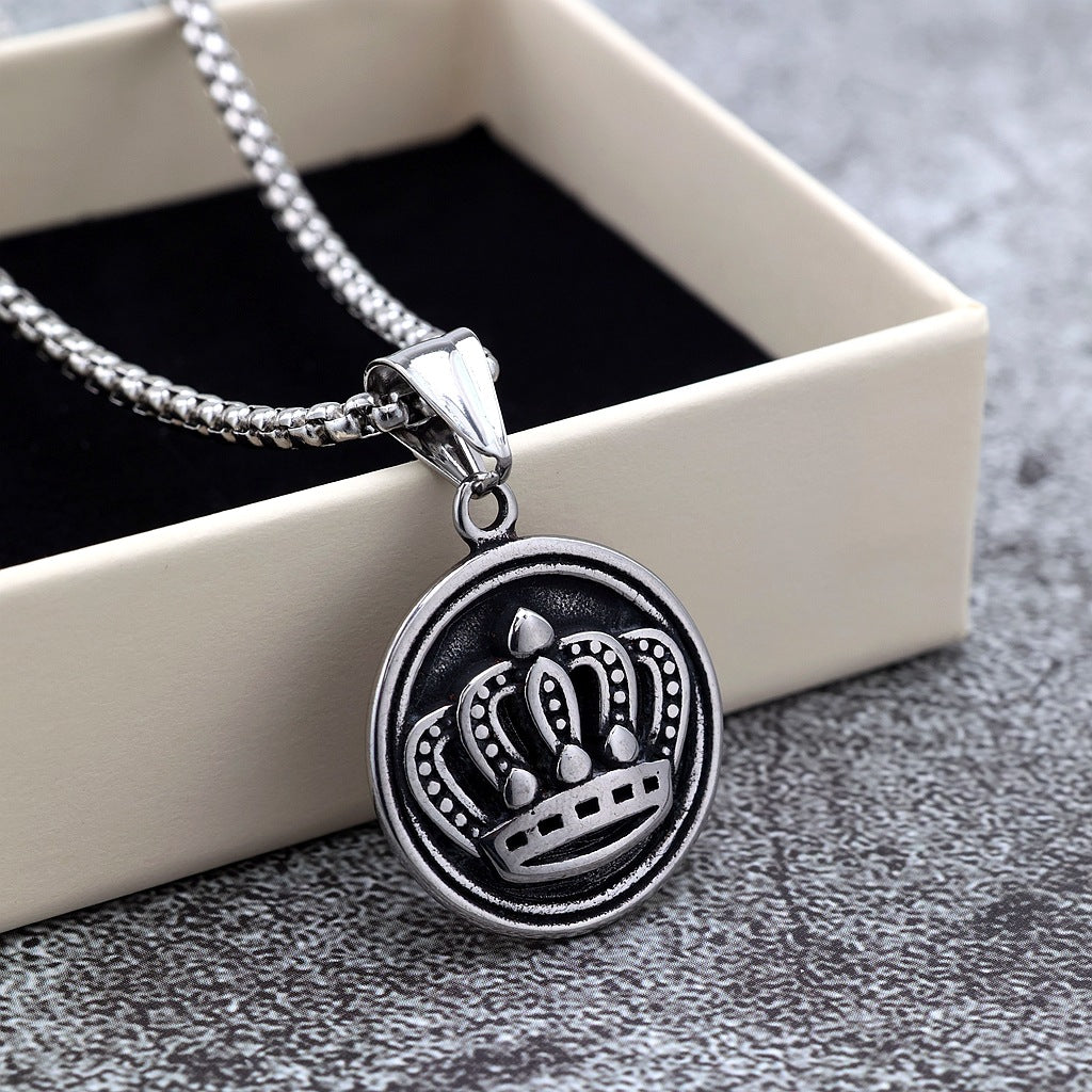 Vintage Crown Stainless Steel Pendant Necklace