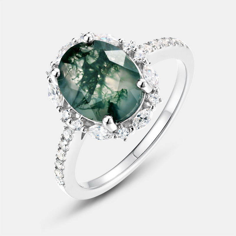 Planderful Jewelry Elegant Sterling Silver Agate Ring with Versatile Oval Green Moss Design, European Fashion Style for Everyday Wear
