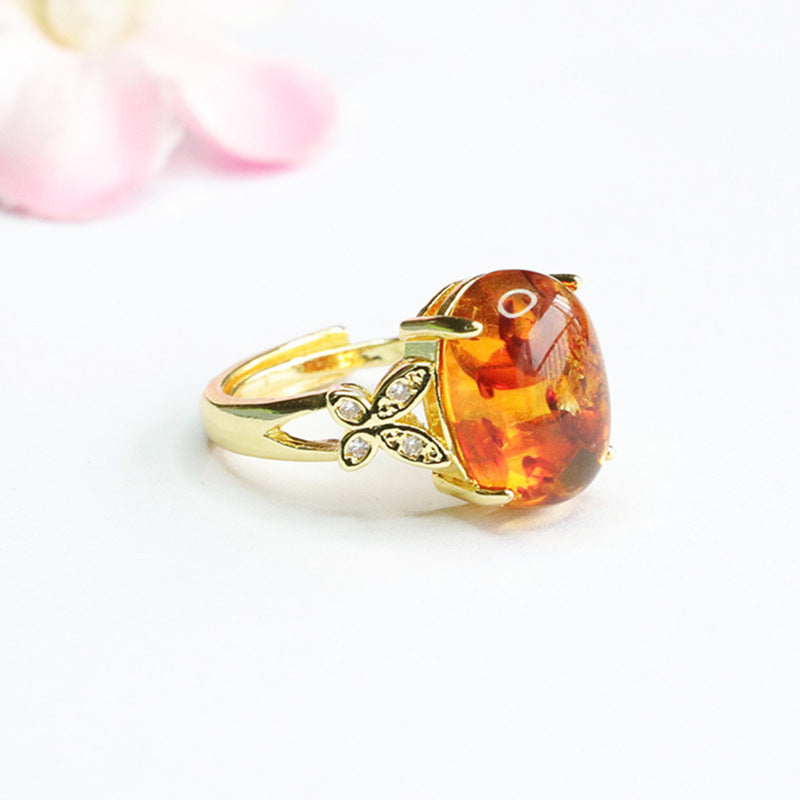 Butterfly Amber Zircon Oval Flower Ring with Natural Beeswax Amber