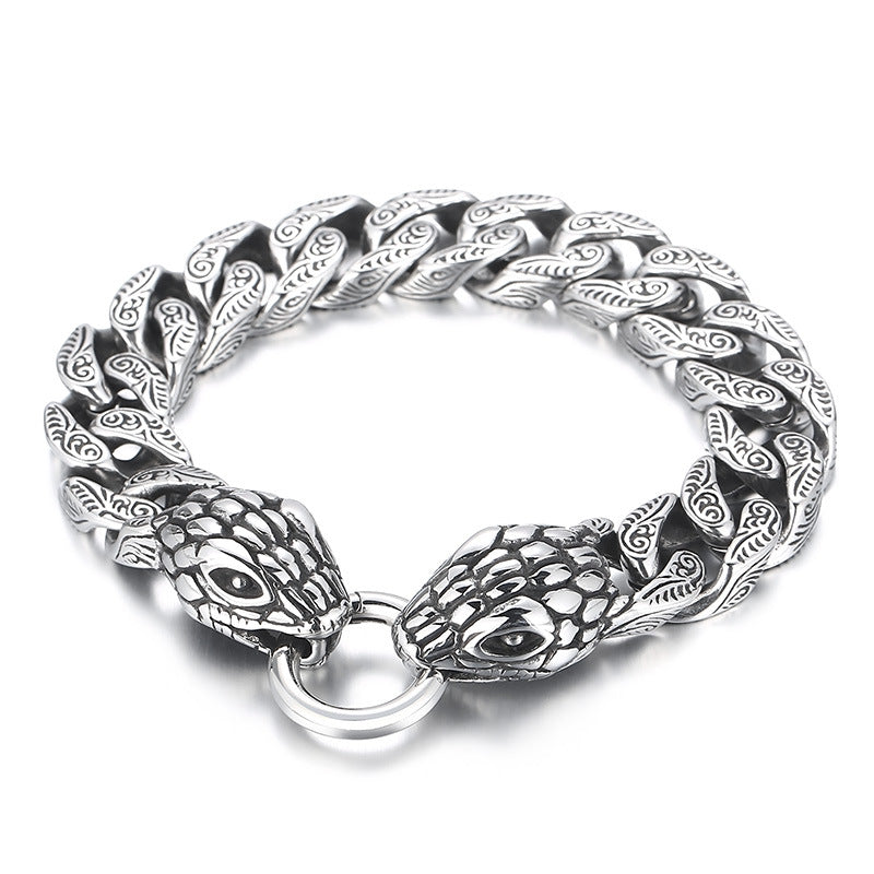 Old Smeared Pattern Snake Head Cuban Chain Bracelet – Punk Style Titanium Steel Men's