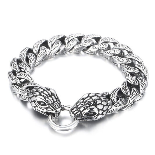Old Smeared Pattern Snake Head Cuban Chain Bracelet – Punk Style Titanium Steel Men's