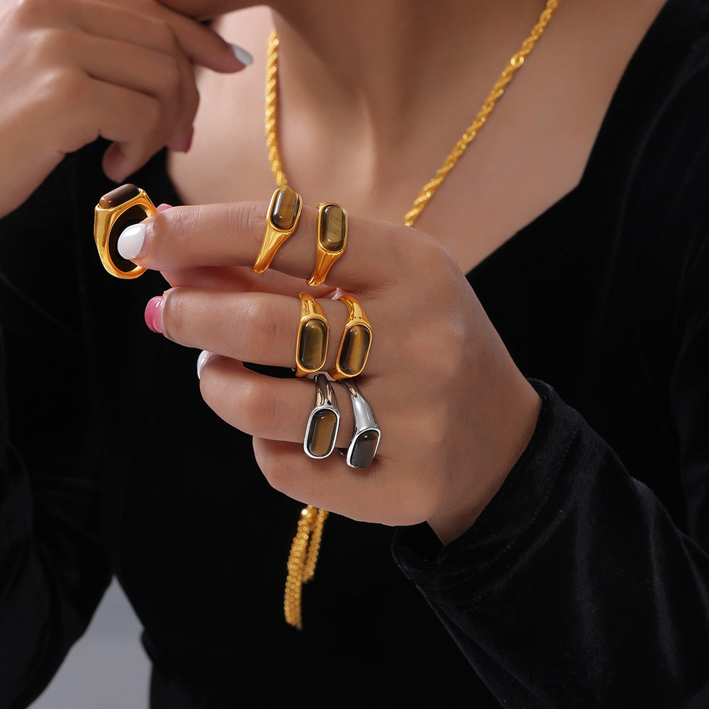 Tiger's Eye Geometric Titanium Steel Ring with Gold Plating
