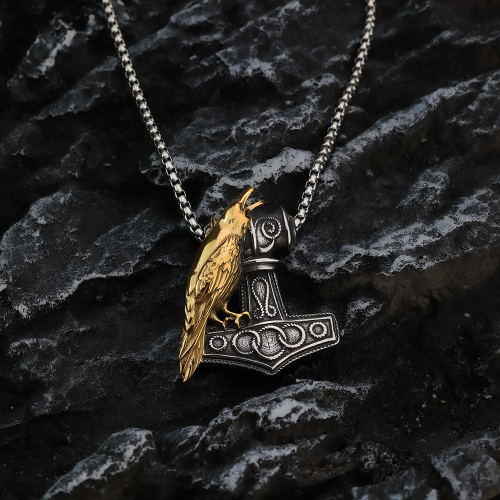 Vintage Stainless Steel Men's Viking Raven Thor Hammer Necklace