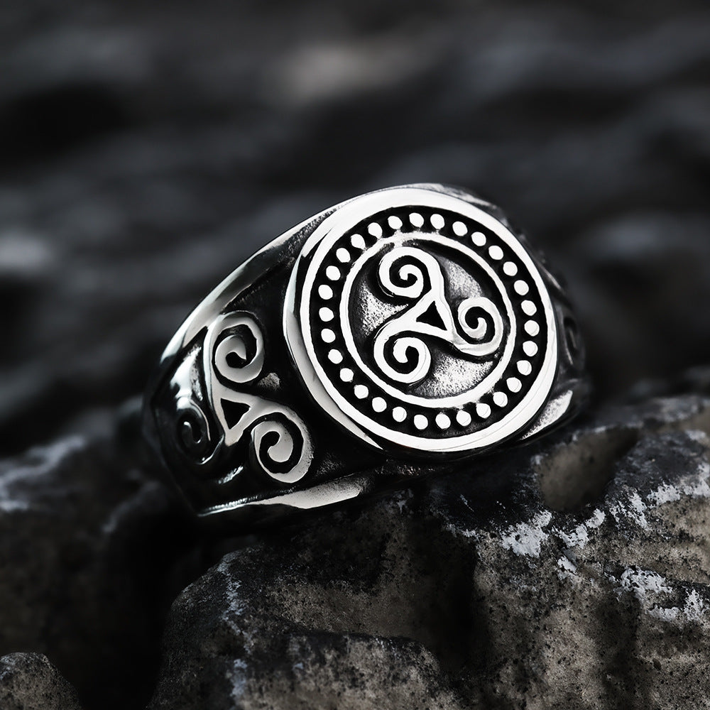 European And American Retro Stainless Steel Men's Ring Vortex Viking Symbol