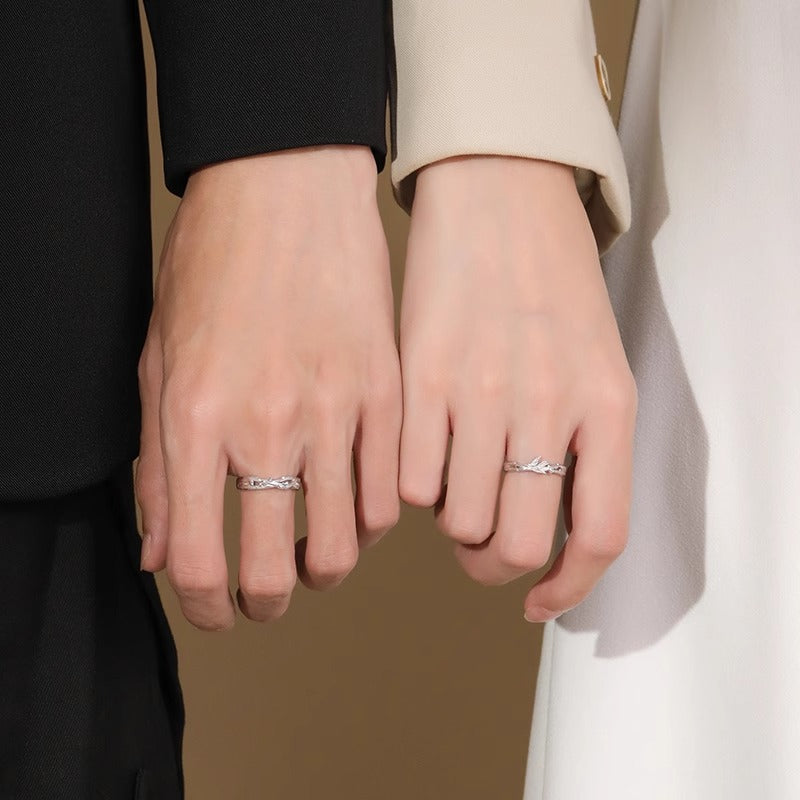 Planderful Sterling Silver Bird Couple Ring with Blue Eucalyptus Design Adjustable Gift for Him and Her