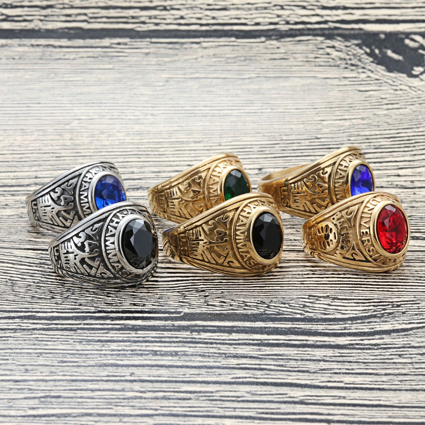 Titanium Steel Multi-Color Gemstone Ring for Men - Retro Punk Style with Letter Design