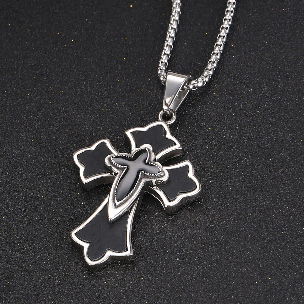 Trendy Men's Titanium Steel Cross Pendant Necklace with Sheepskin Design