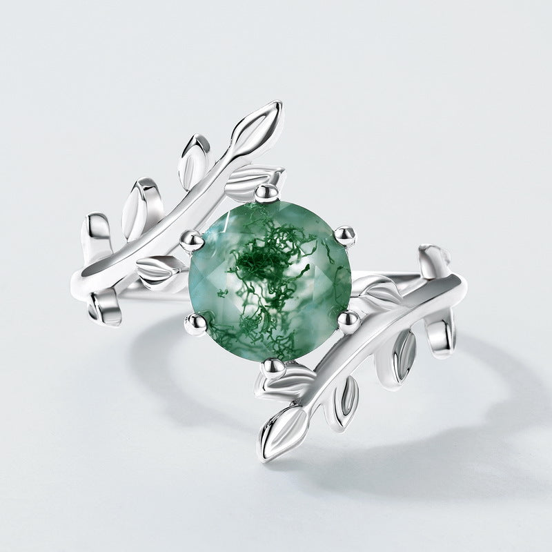 S925 Sterling Silver Moss Agate Olive Branch Ring