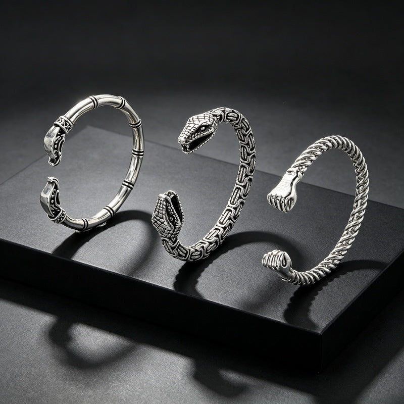 Punk Dark Bamboo Snake Head Skull Open Bracelet Hands Clenched Fist Stainless Steel Men's
