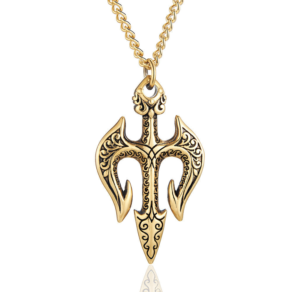 Planderful Jewelry Sea King Trident Necklace in Stainless Steel Three-Dimensional Pendant With Retro Modern Aesthetic