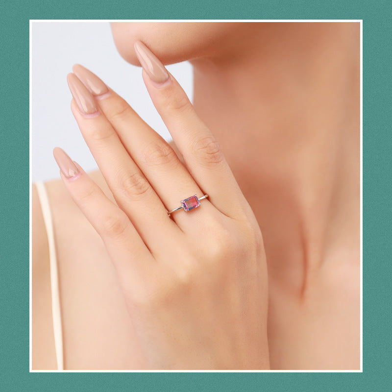 Elegant Rectangular Watermelon Tourmaline Sterling Silver Ring for Women Size 5-10