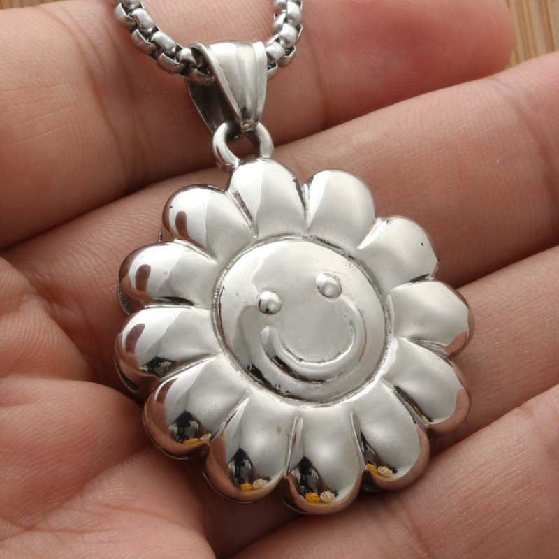 Trendy Punk Titanium Steel Sunflower Pendant Necklace for Men and Women
