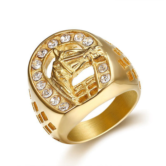 Mens Ring Planderful Titanium Steel Gold Plated Zircon Horse Head Hip Hop Urban Style