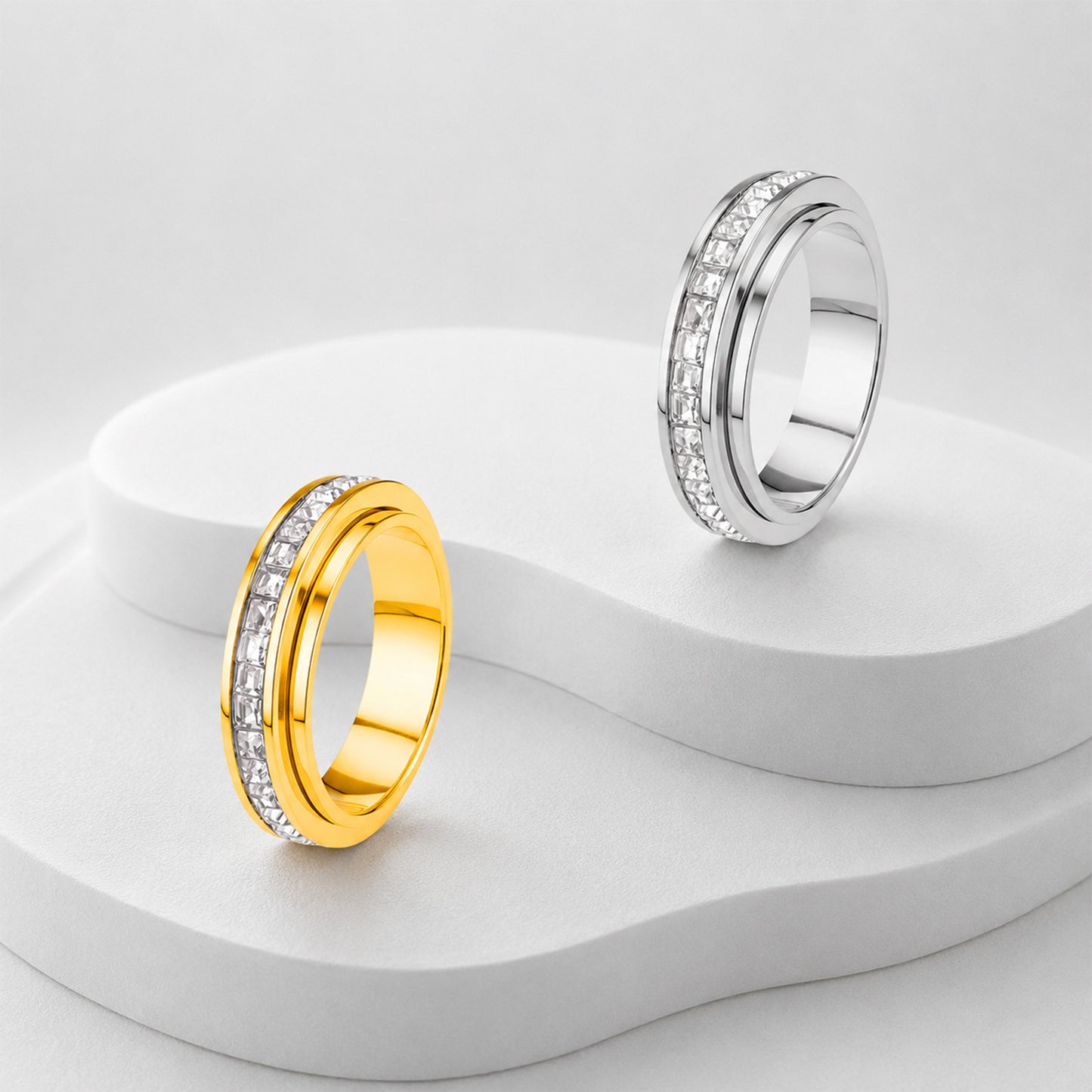 Planderful Rotatable Zircon Square Ring For Unisex Couples, Stainless Steel Modern Jewelry By Everyday Genie