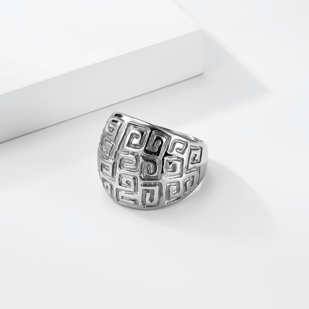Planderful Titanium Steel Ring Unisex Non Fading Retro Geometric Pattern Everyday Genie