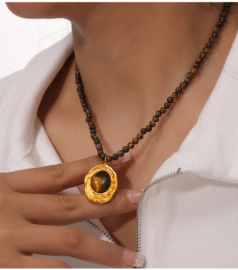 Tiger Eye Stone Geometric Bead Necklace in Gold-Plated Titanium Steel