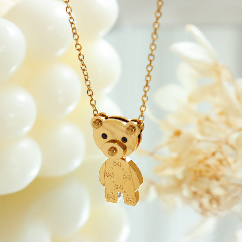 Cute Bear Pendant Necklace with Zircon Stone Inlay, Unique Design for Women's Collar Chain Jewelry