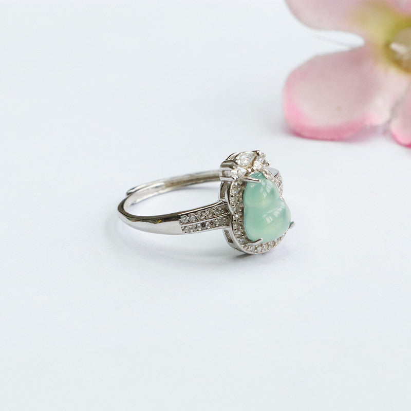 Sterling Silver Adjustable Ice Blue Green Jade Ring with Zircon Halo