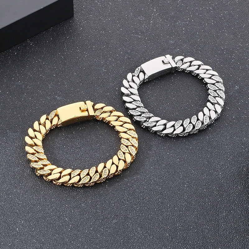 Planderful Mens Hip Hop Titanium Zircon 12mm Cuban Chain