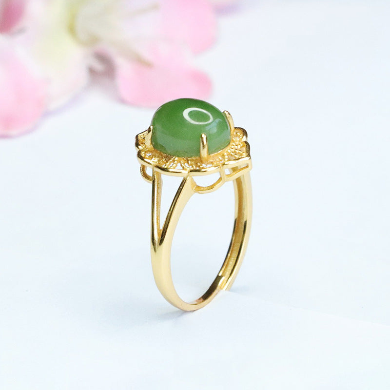 925 Sterling Silver Hetian Jasper Openwork Ring