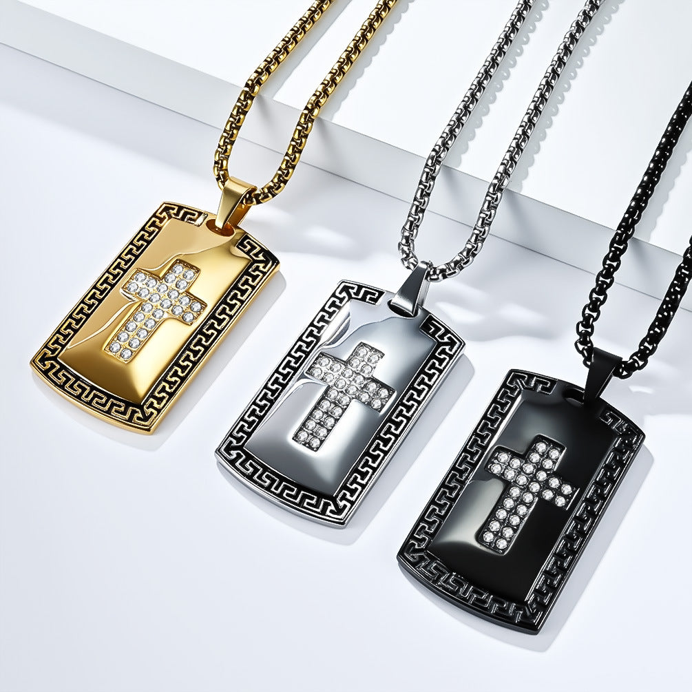 Planderful Cross Necklace For Men Titanium Steel Great Wall Pattern Bold Army Style Niche Personality Pendant