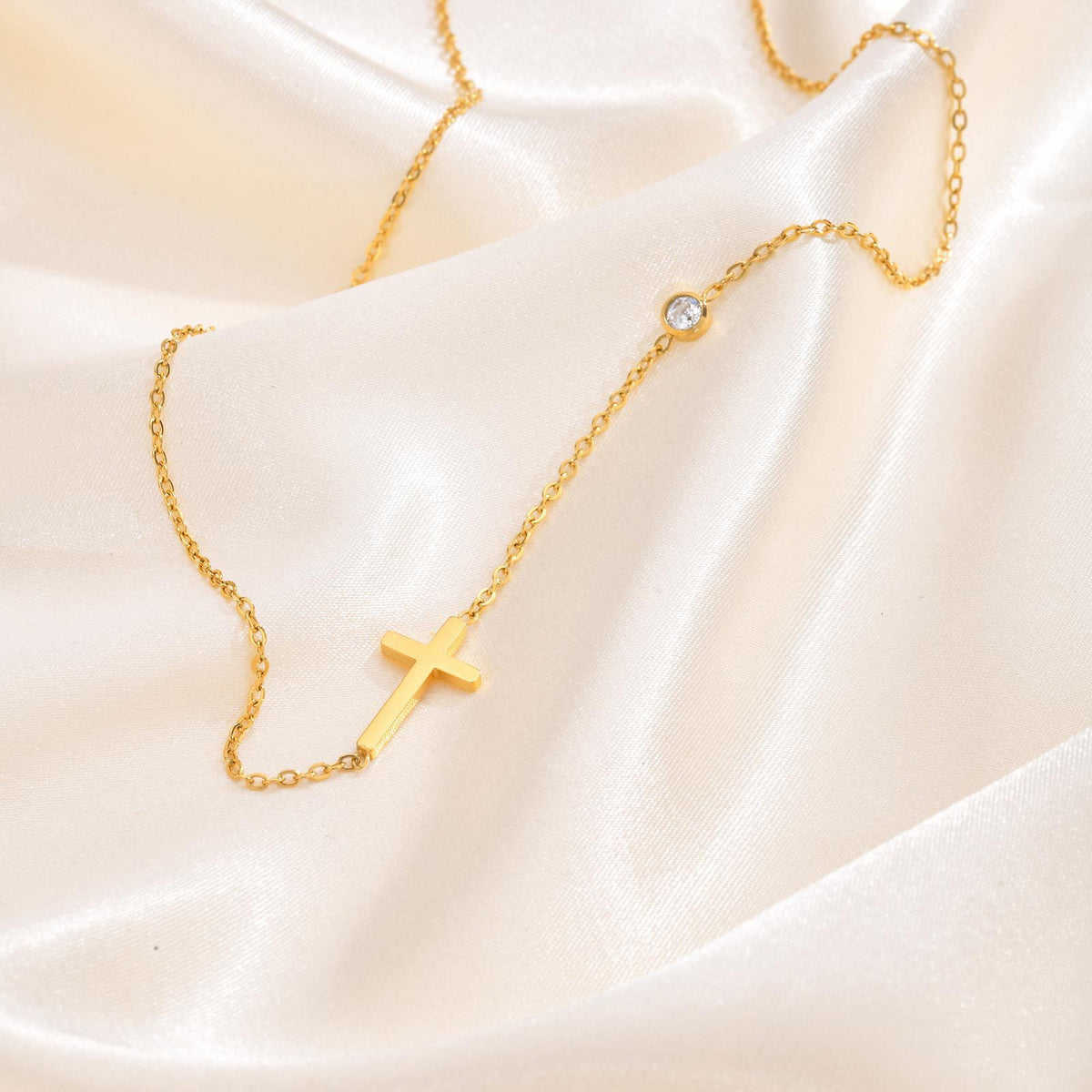 Stainless Steel Cross White Zircon Gold Necklace Bracelet Female