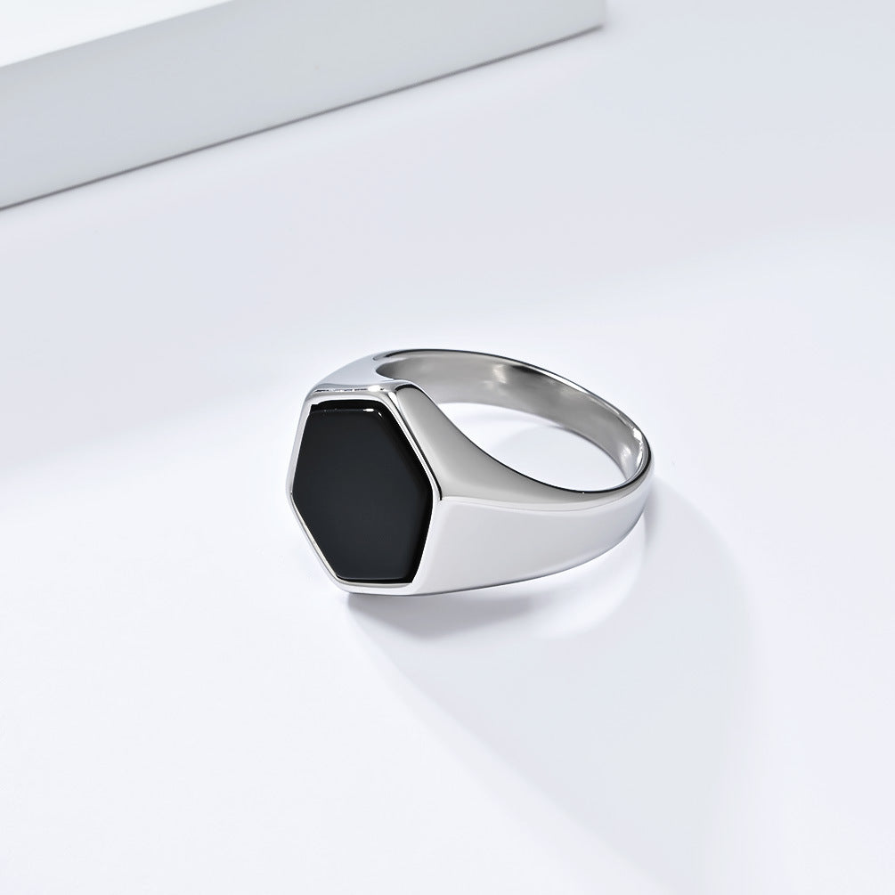 Planderful Mens Hexagon Seal Stainless Steel Ring With Black Stone Personalized Jewelry