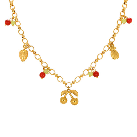 Stainless Steel Vacation Wind Sweet Strawberry Cherry Pineapple Necklace Multi-Element