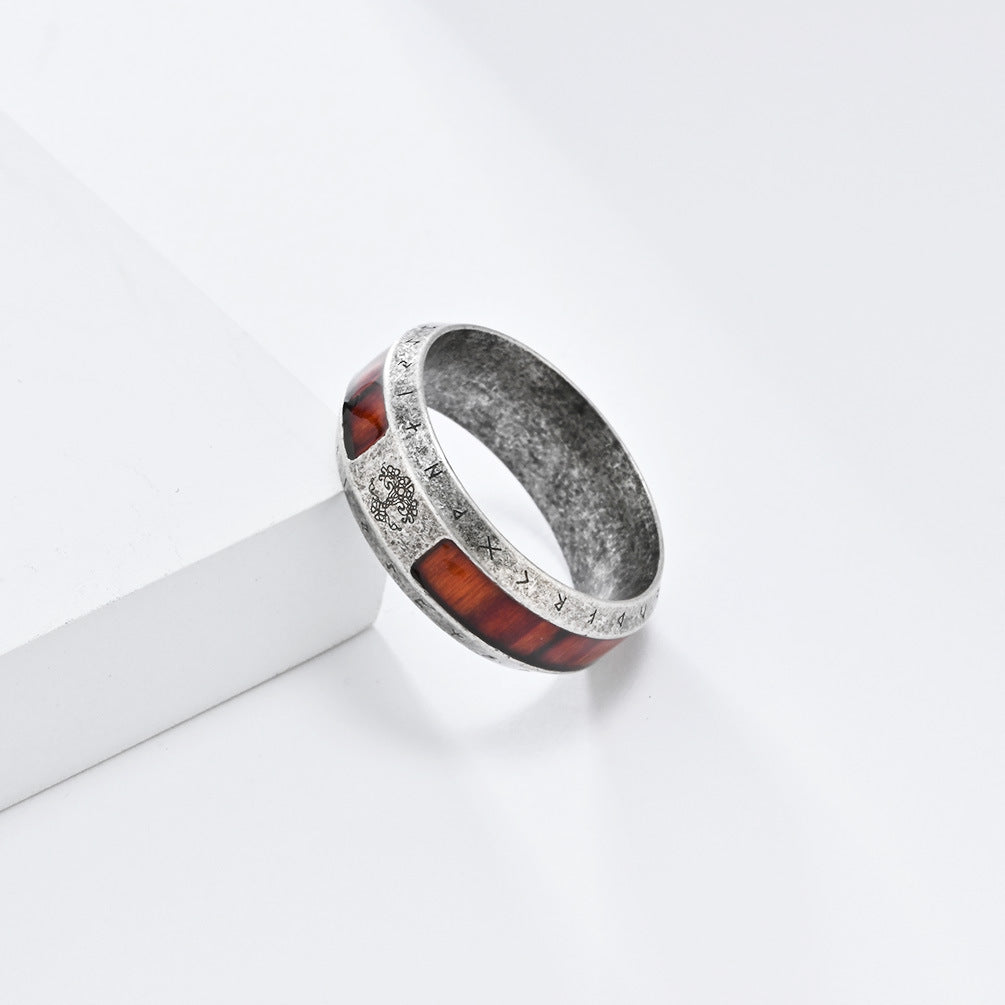 Steel Ring – Vintage Nordic Viking World Tree Men's Ring With Wood Grain Texture And Bold Design