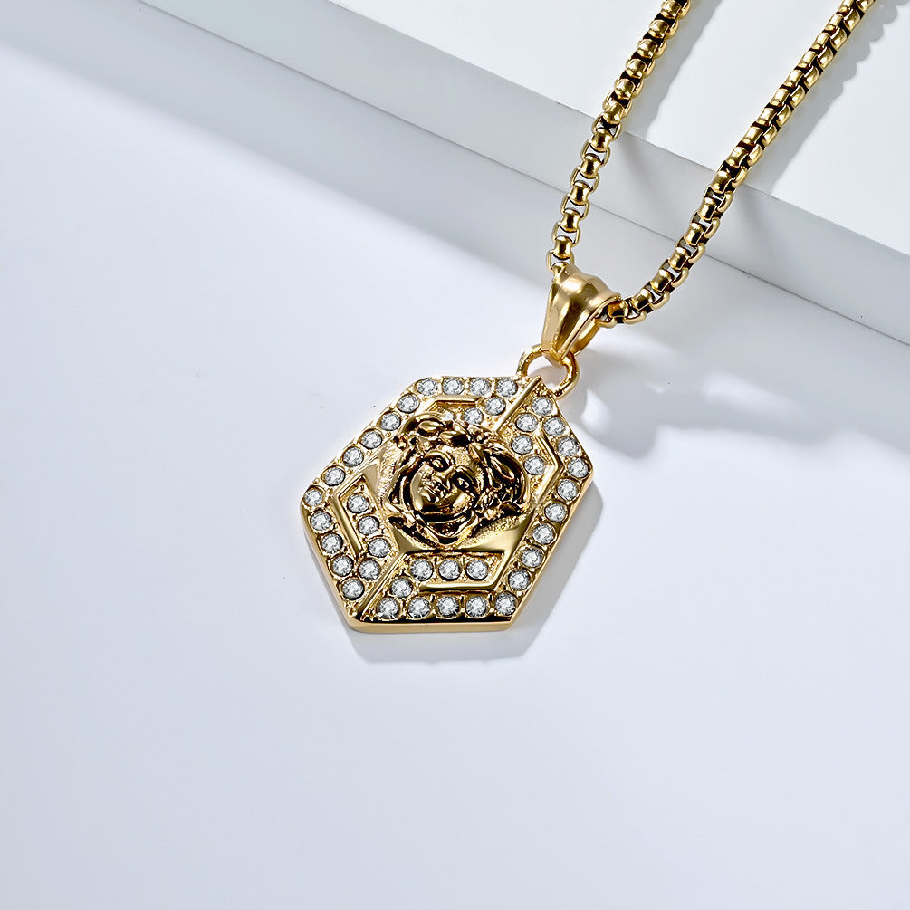 Planderful Medusa Pendant Necklace For Men Titanium Steel With Full Zircon Geometric Light Luxury