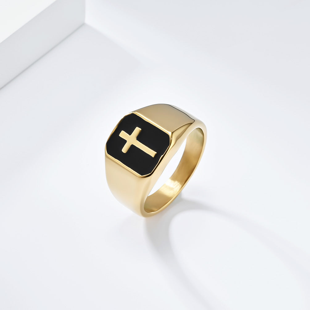 Steel Ring - Statement Punk Hip Hop Seal Cross Design Oil Drop Mens Fashion Ring Planderful