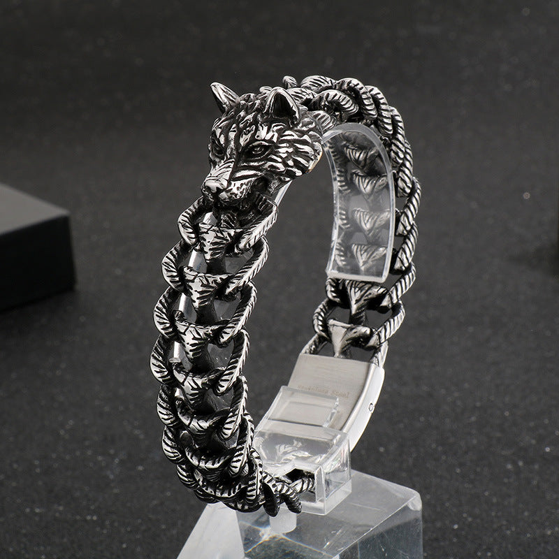 Animal – Punk Dark Wolf Head Layered Braided Keel Chain Titanium Steel Men's Bracelet