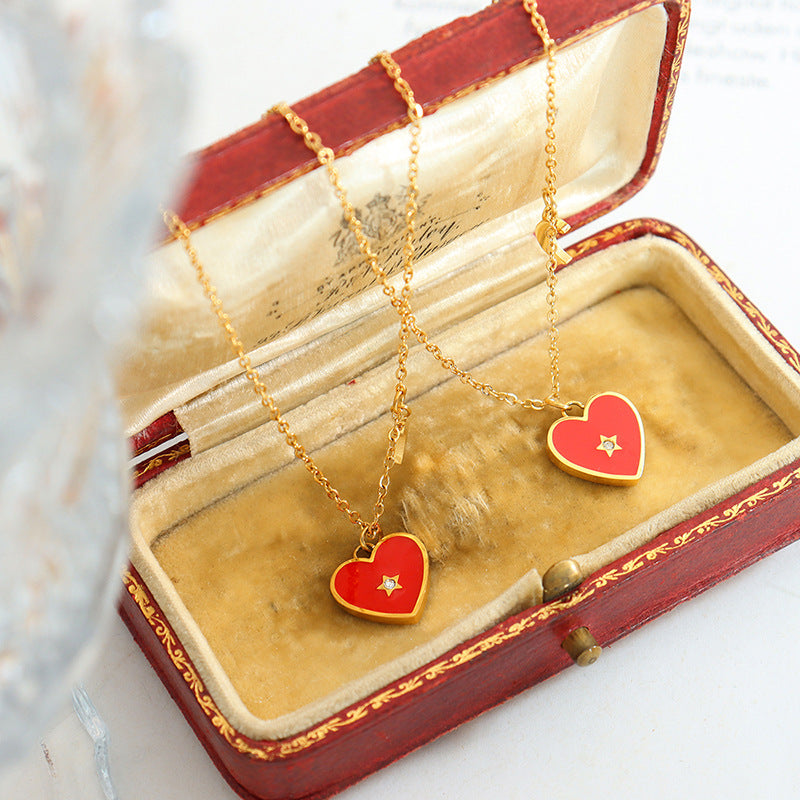 Peach Heart Zirconia Necklace with Lock Bone Chain