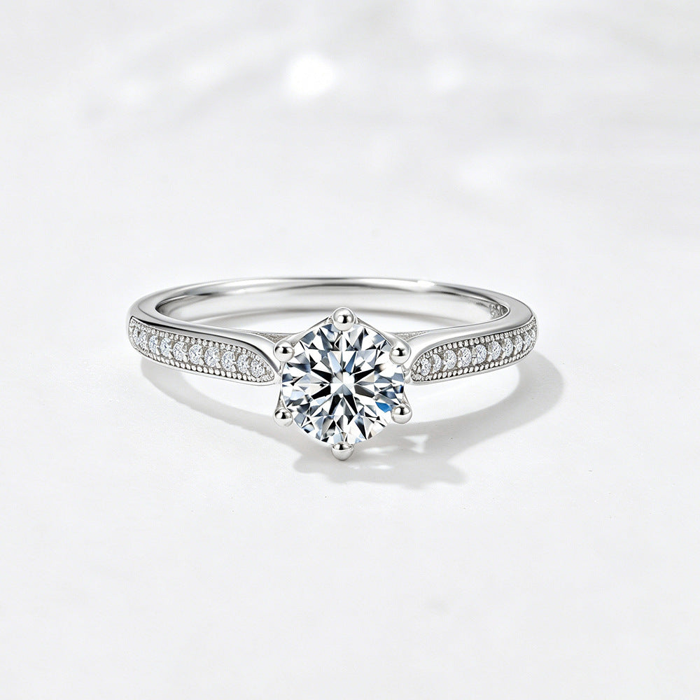 S925 Sterling Silver Classic Six-Claw Inlaid Zircon Ring Marriage Proposal Engagement Ring