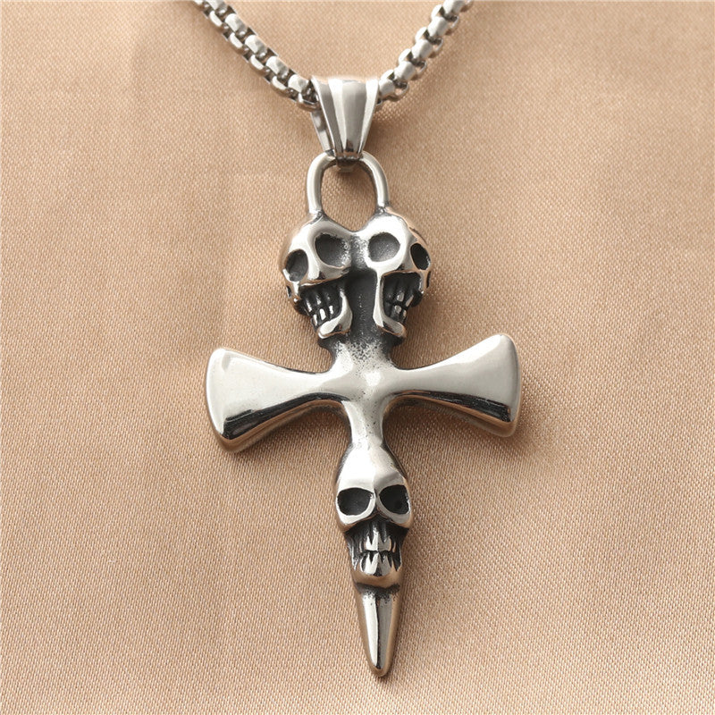 Personalized Retro Titanium Steel Cross Pendant Necklace for Men with Ghost Head Design