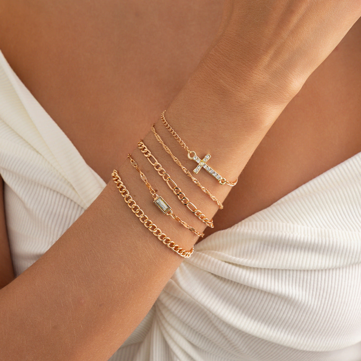 Style Set Stacked Cross Bracelet Micro-Inlaid Zircon Western Retro Chain Multi-Layer