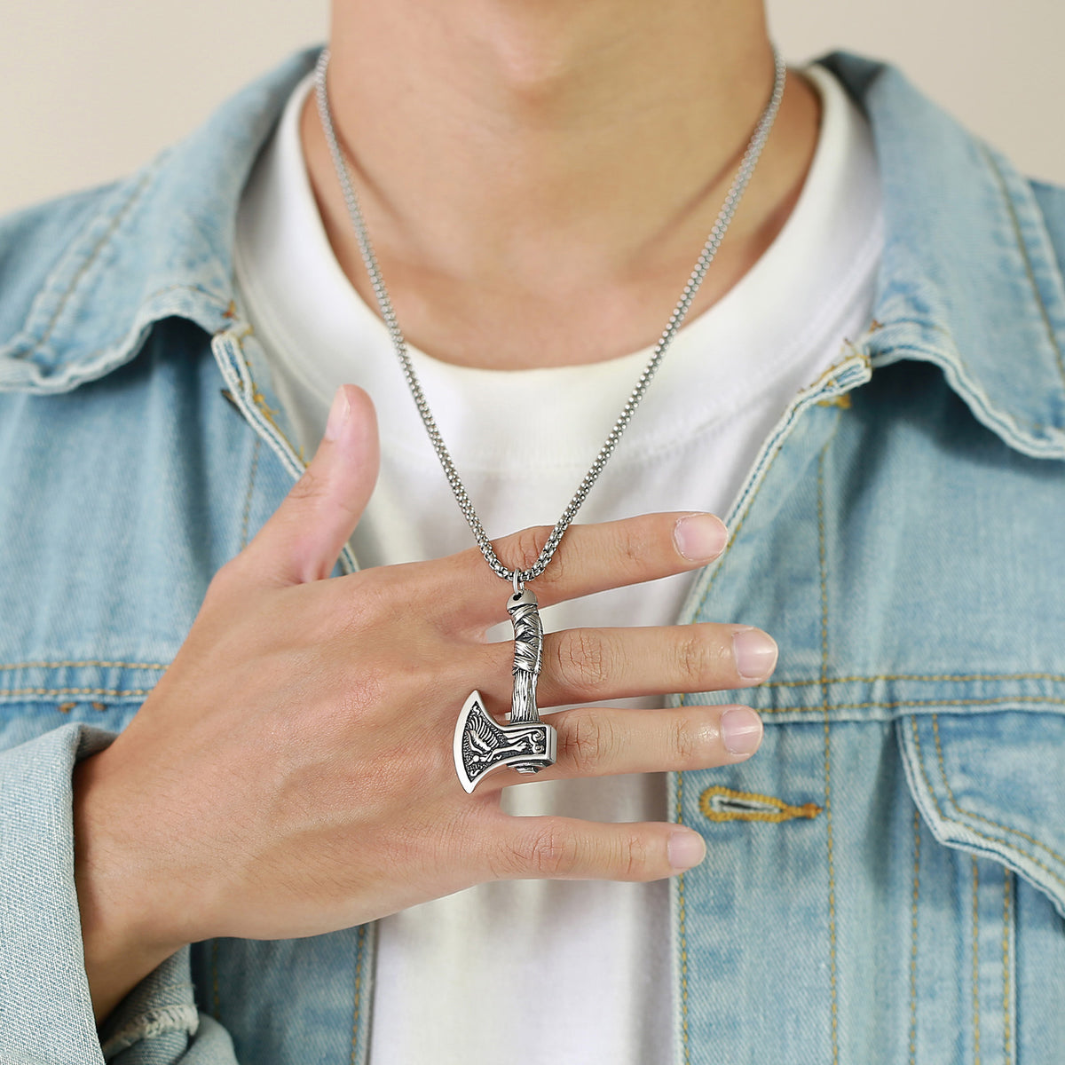Stainless Steel Viking Axe Element Pendant Necklace Grey Men's