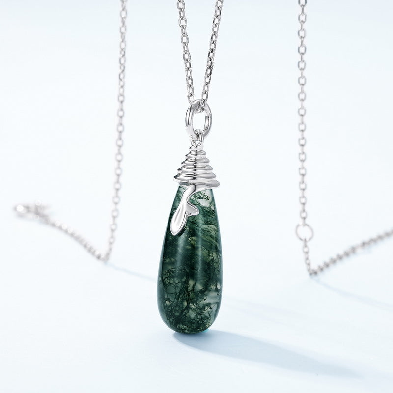 S925 Sterling Silver Moss Agate Pendant Necklace