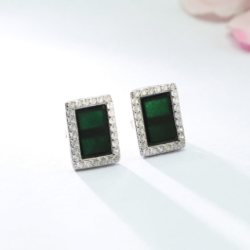 Dark Jadeite Square 925 Silver Stud Earrings
