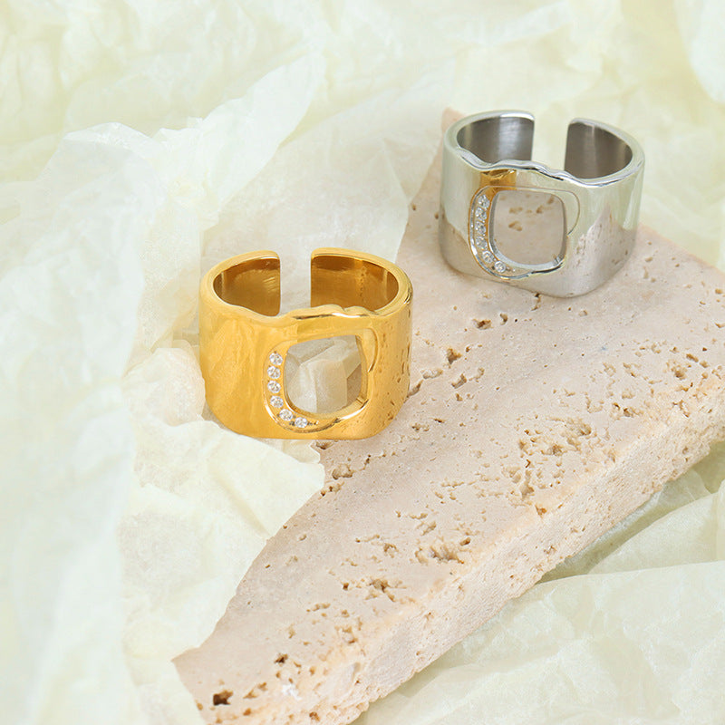 Elegant Hollow Zircon Gold-Plated Ring - Adjustable Titanium Steel Jewelry