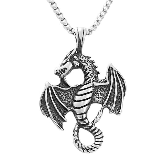 Titanium Steel Dragon Pendant Necklace - Retro Punk Style for Men, Multi-Color Fire-Breathing Design