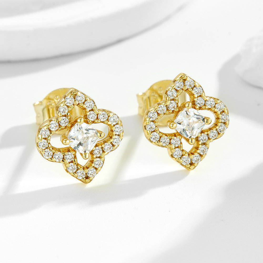 S925 Sterling Silver Four-Leaf Clover Inlaid Zircon Stud Earrings 'S Hollow Zircon Earrings