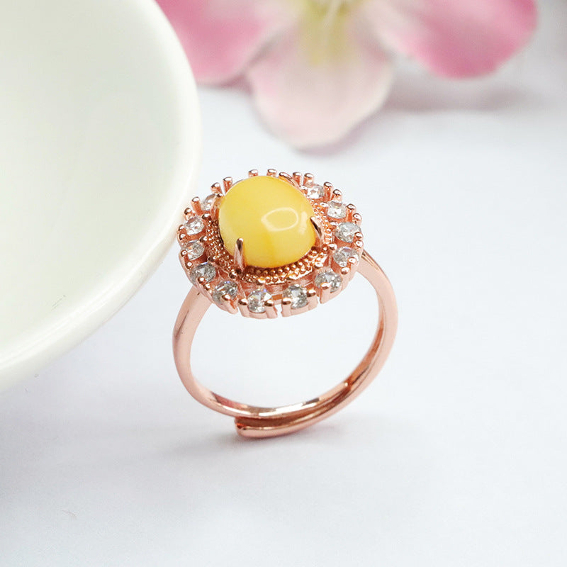 Small Round Zircon Beeswax Amber Halo Ring