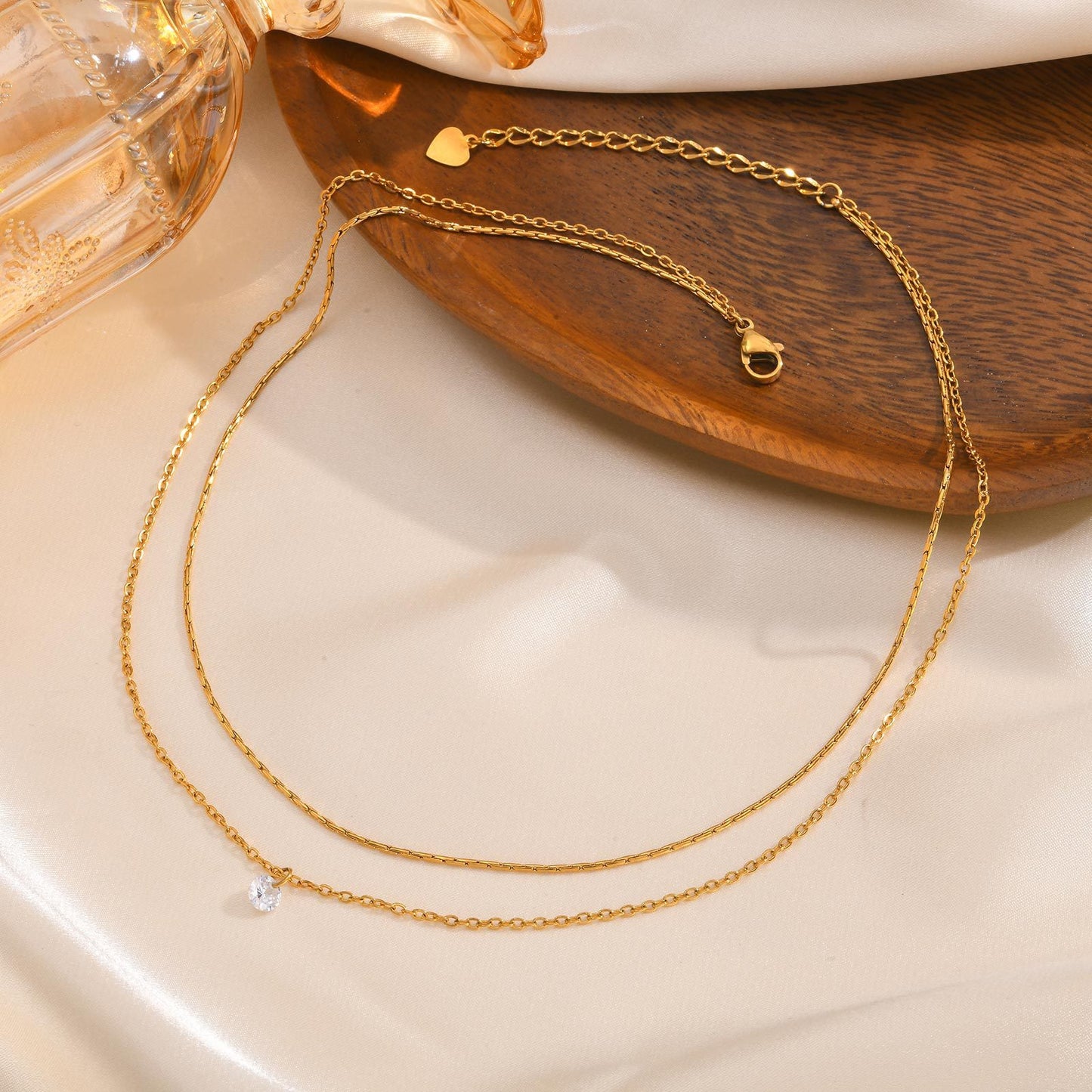 Stainless Steel Double Chain White Zircon Gold Necklace Female