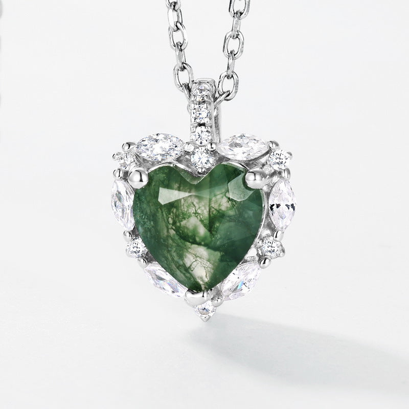 Planderful Jewelry Sterling Silver Necklace With Green Moss Agate Pendant And Zircon Accents