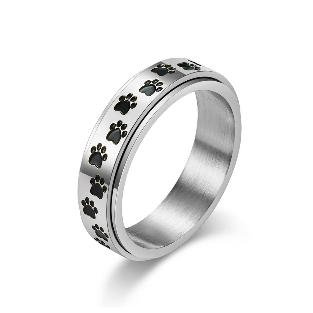 Steel Ring – Dainty Rotatable Puppy Palm Print INS Style