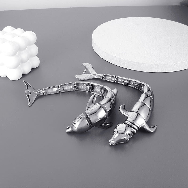 Stylish Hip-Hop Dolphin Bracelet for Men - Zircon Animal Design in Polished Titanium Steel