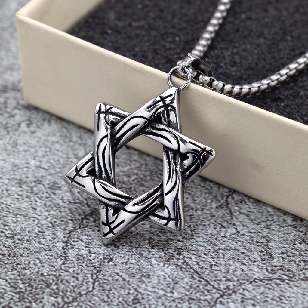 Planderful Hexagram Pendant Necklace Unisex Retro Stainless Steel Single-Sided Jewelry For Men And Women