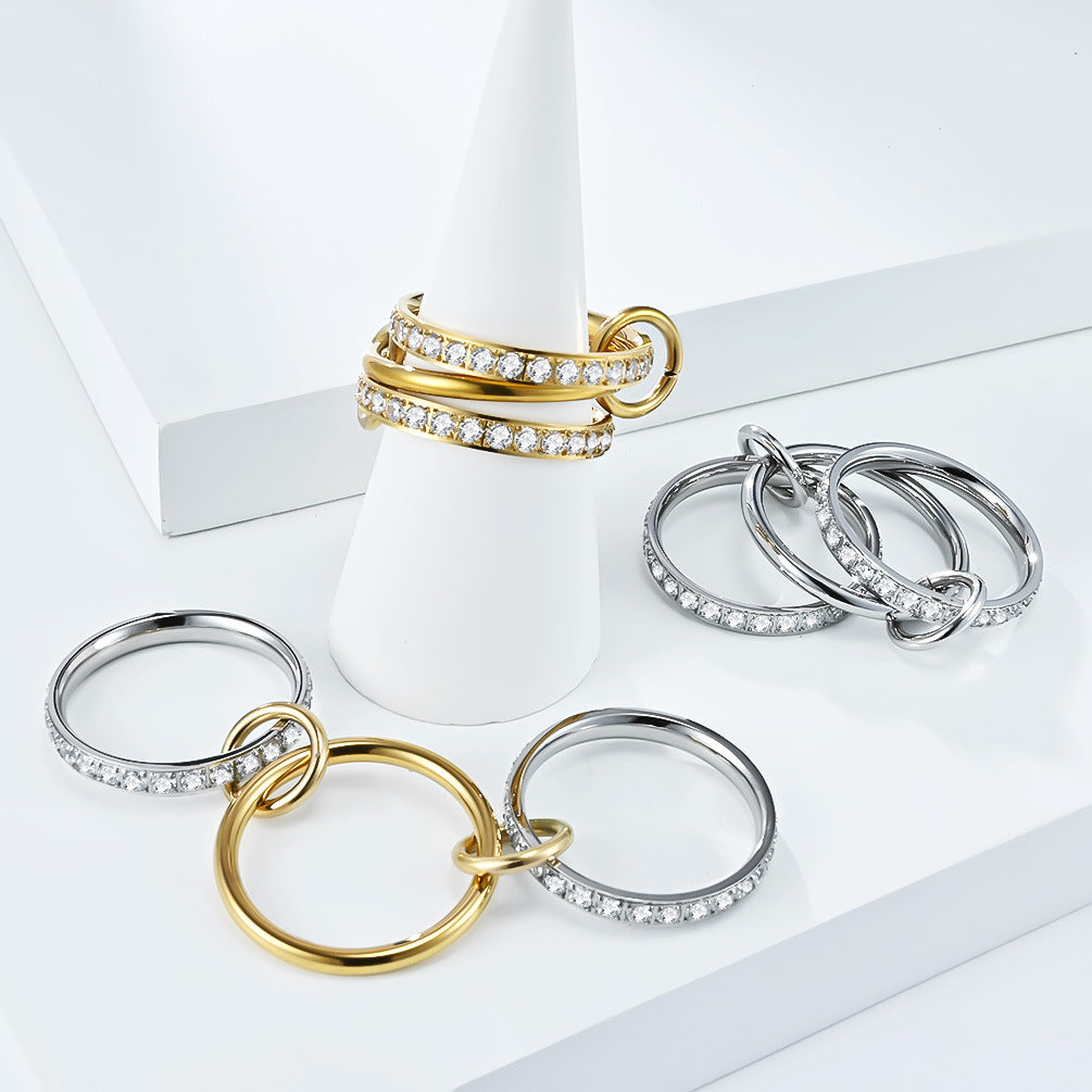 Planderful Everyday Genie Three Ring Stacking Ring Titanium Steel Plated 18K Gold Zircon Unisex Light Luxury